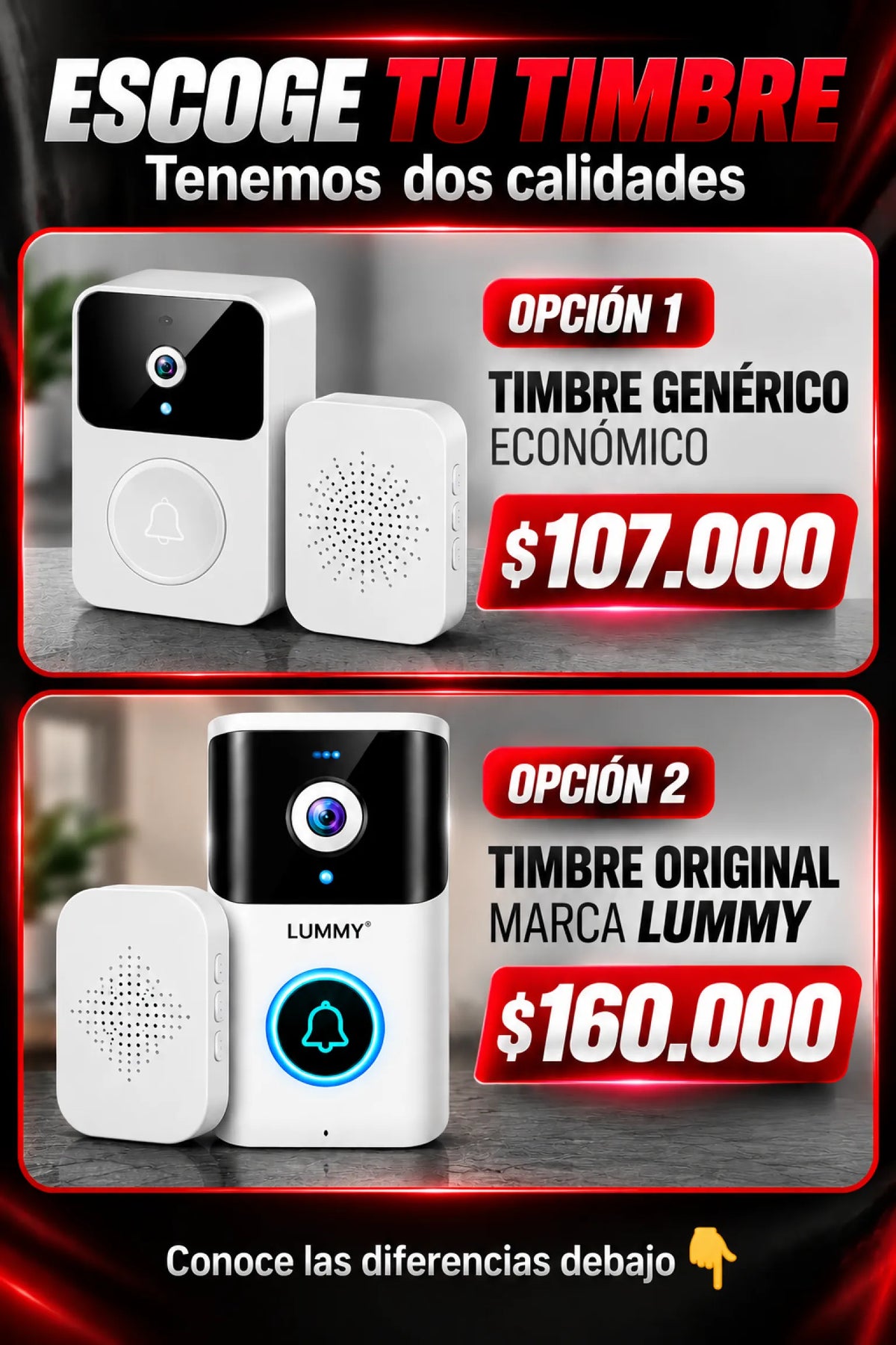 TIMBRE CON CÁMARA, PARLANTE Y MICRÓFONO: DOS OPCIONES.