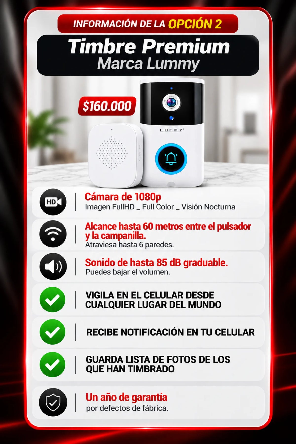 TIMBRE CON CÁMARA, PARLANTE Y MICRÓFONO: DOS OPCIONES.